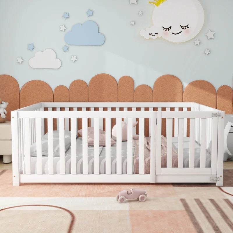 Bedframe Kinderbed - Peuterbed - Vloerbed - Kinderbox - Inclusief Uitvalhekje - Kinderkamer - Multiplex -  140 x 200 x 60 cm - Wit
