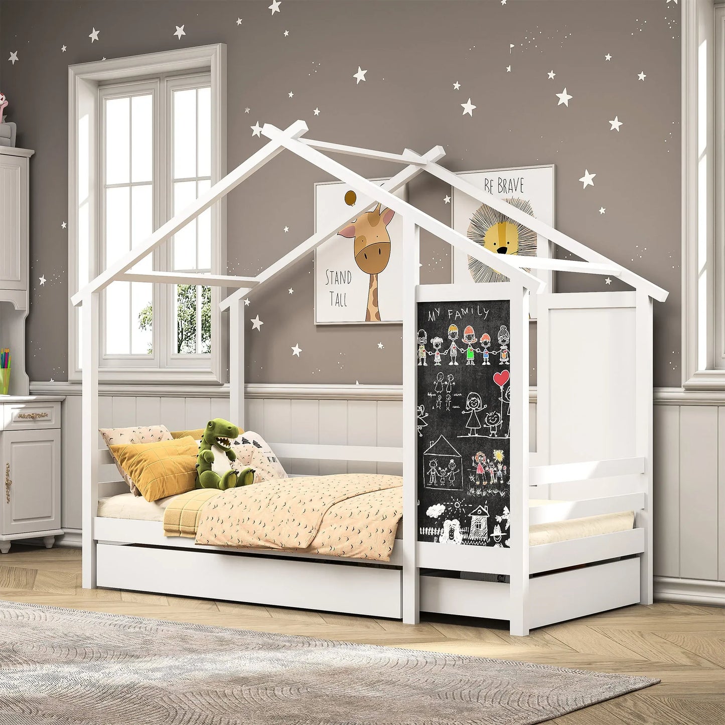 Kinderbed – Huisbed – Speelbed – Kinderhuisbed – Massief Dennenhout – 2 Opberglades – Veilig Ontwerp
