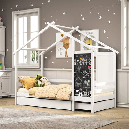 Kinderbed – Huisbed – Speelbed – Kinderhuisbed – Massief Dennenhout – 2 Opberglades – Veilig Ontwerp