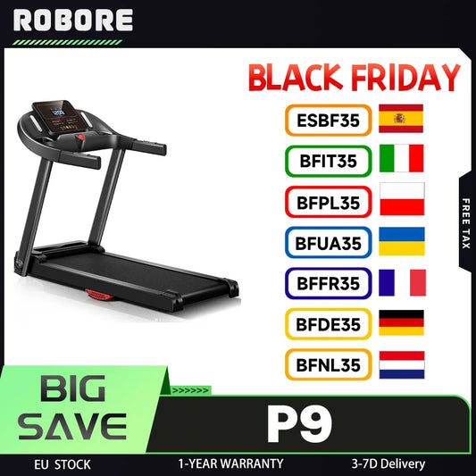 ROBORE P9 Folding Treadmill for Home 14KM/H with Heart Rate Sensor, Muti-Function, 3.0HP Brushless Motor, 136kg Weight Capacity