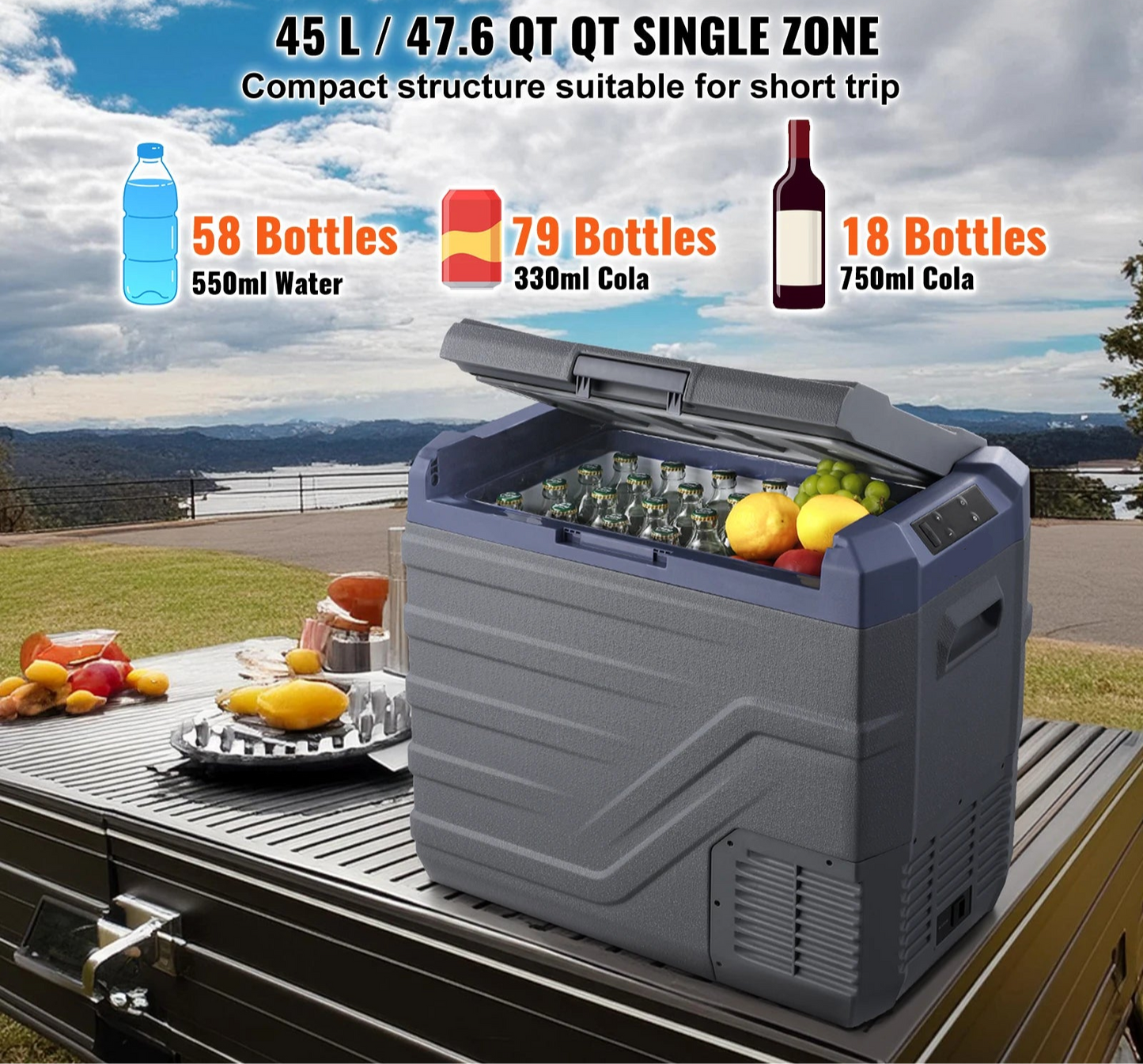 Mini koelkast - Auto Koelkast - Mini Fridge - Frigo - Draagbare Compressor Koelbox - Elektrische Vriesbox - 12/24V DC - 100-240V AC - 750W ± 15% - ≤ 45dB - 45L - 61.8 x 37.6 x 51.4 cm - Grijs