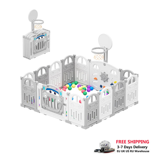 Kinderbox - Babybox - Inklapbare Babybox - Opvouwbare Babybox - Met Basketbal Hoepel - 24.1 Sq - Wit - Grijs
