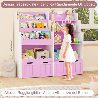 Kinderboekenplank – Speelgoedkast – Opbergmeubel – Boekenkast – Kinderkamermobiel – Wit – Met 4 Lades op Wieltjes – Hoogwaardig Hout – Afmetingen 125,5x40x120 cm