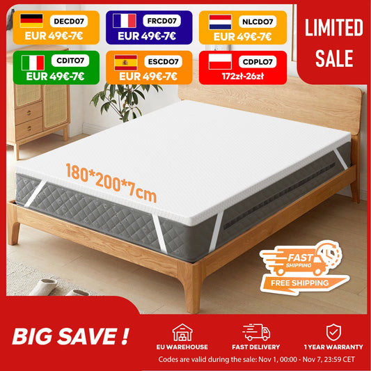 Topper – Matrasverbeteraar – Matrasbeschermer – Gelmatras – Traagschuim Topmatras – 7 cm Dik – 180x200 cm – Drukverlaging – Verkoelende Gellaag - QUORE