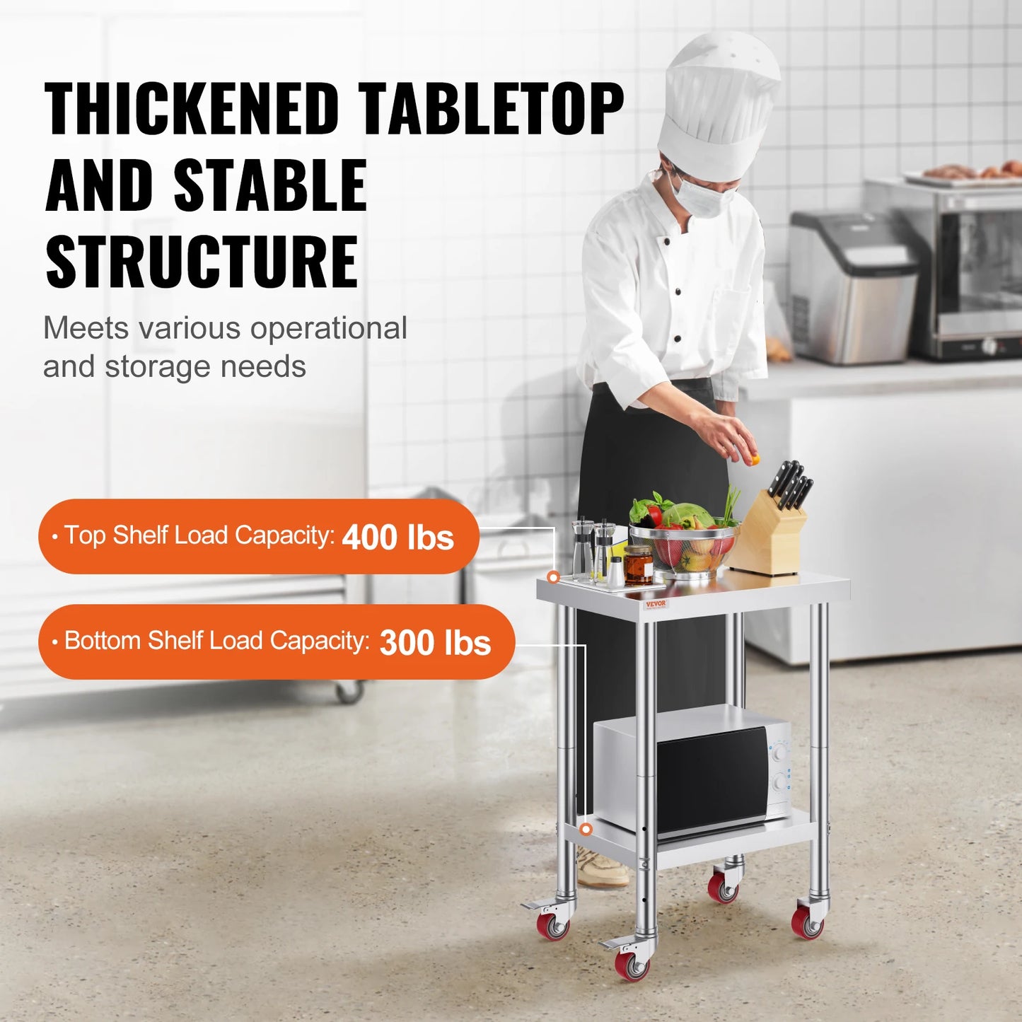 Koffietafel - Table - Coffe table - Living Room Table - RVS Catering Werktafel - 24x18 Inch - Keukentafel - Met 4 Wielen - Voedselbereidingswerkbank - Voor Keukenvoorbereidingstafel - Silvier