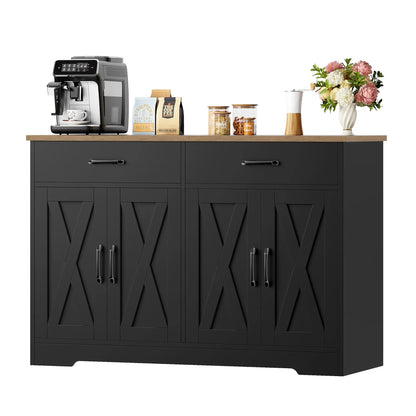 Keukenbuffet – Kast – Dressoir – Opbergkast – Buffetkast – Zwart – 120 cm Breed Werkblad – 2 Lade(s) en 4 Deuren – Duurzaam Technisch Hout