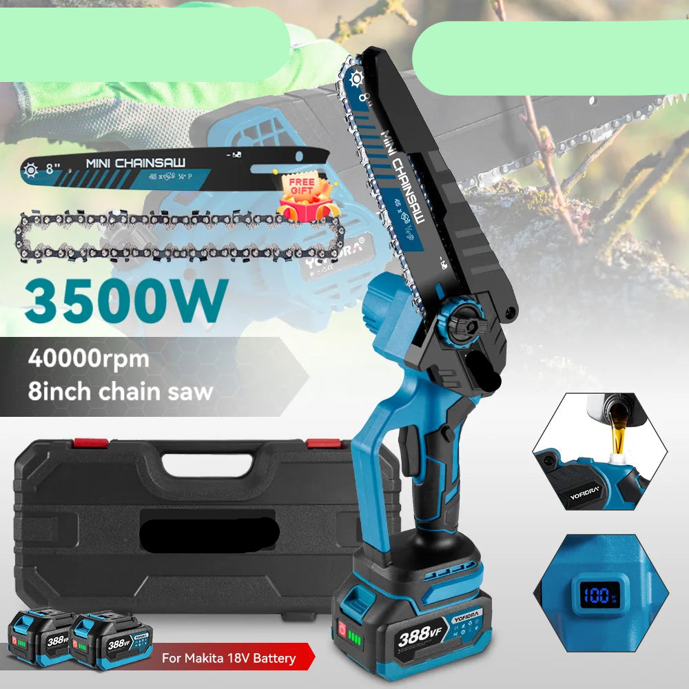 Kettingzaag - Snoeizaag - Takkenzaag - Handzaag - Draadloze - 8 inch - Mini Kettingzaag - Krachtige Borstelloze Snoeizaag met 2 Accu’s en EU Stekker voor Houtbewerking en Tuinwerk