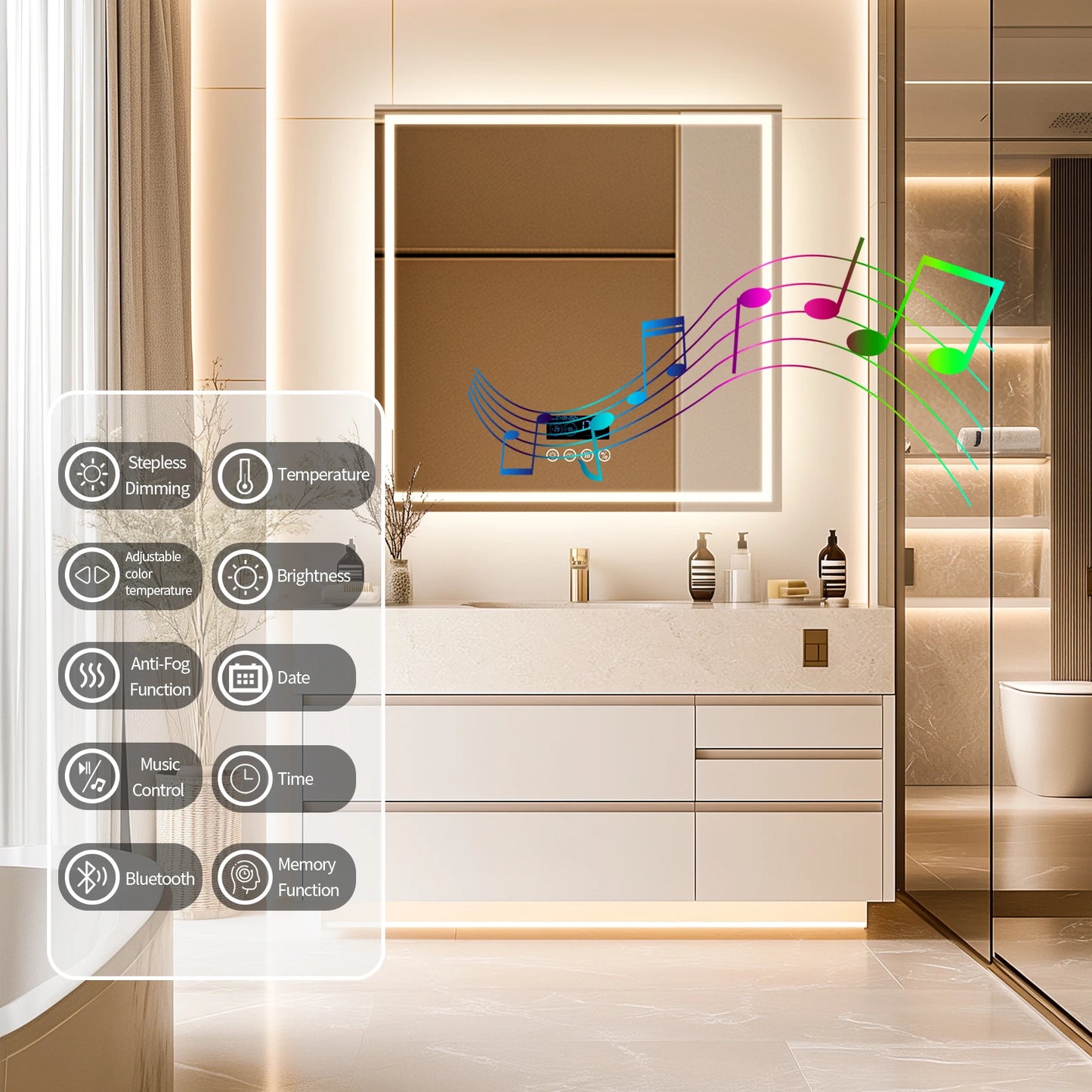 LED Badkamerspiegel – Slimme Spiegel – Anti-Condens Spiegel – Bluetooth Spiegel – Touchbediening – 6000 Lumen – Aluminium Ontwerp - Vierkant