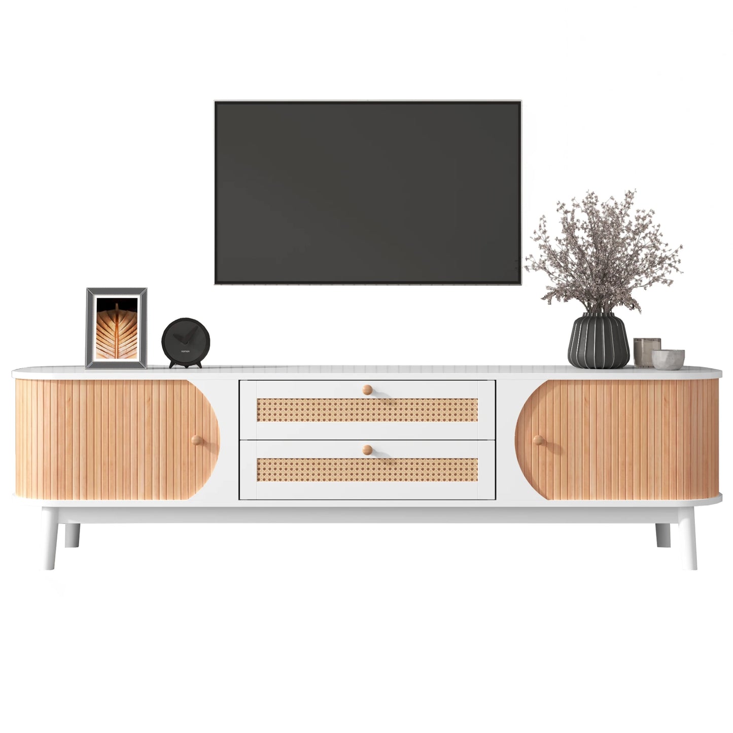 TV-Kast – Tv-Meubel – Houten Kast – Woonkamermeubel – Massief Hout – Handgevlochten Rattan Laden – Schuifdeursysteem