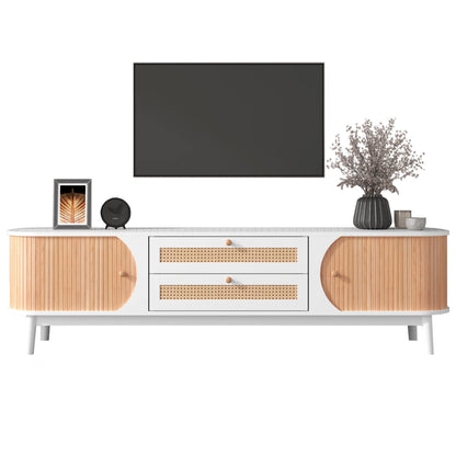 TV-Kast – Tv-Meubel – Houten Kast – Woonkamermeubel – Massief Hout – Handgevlochten Rattan Laden – Schuifdeursysteem