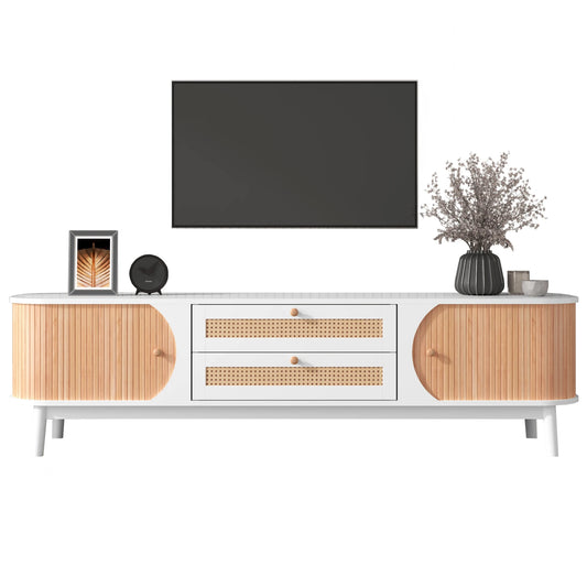 TV-Kast – Tv-Meubel – Houten Kast – Woonkamermeubel – Massief Hout – Handgevlochten Rattan Laden – Schuifdeursysteem