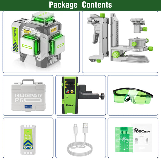 Huepar Professional 12 Lines Laser Level With Detector High Accuracy ±2mm 3x360° Cross Line Laser Tools & 8000mAh Li-ion Battery
