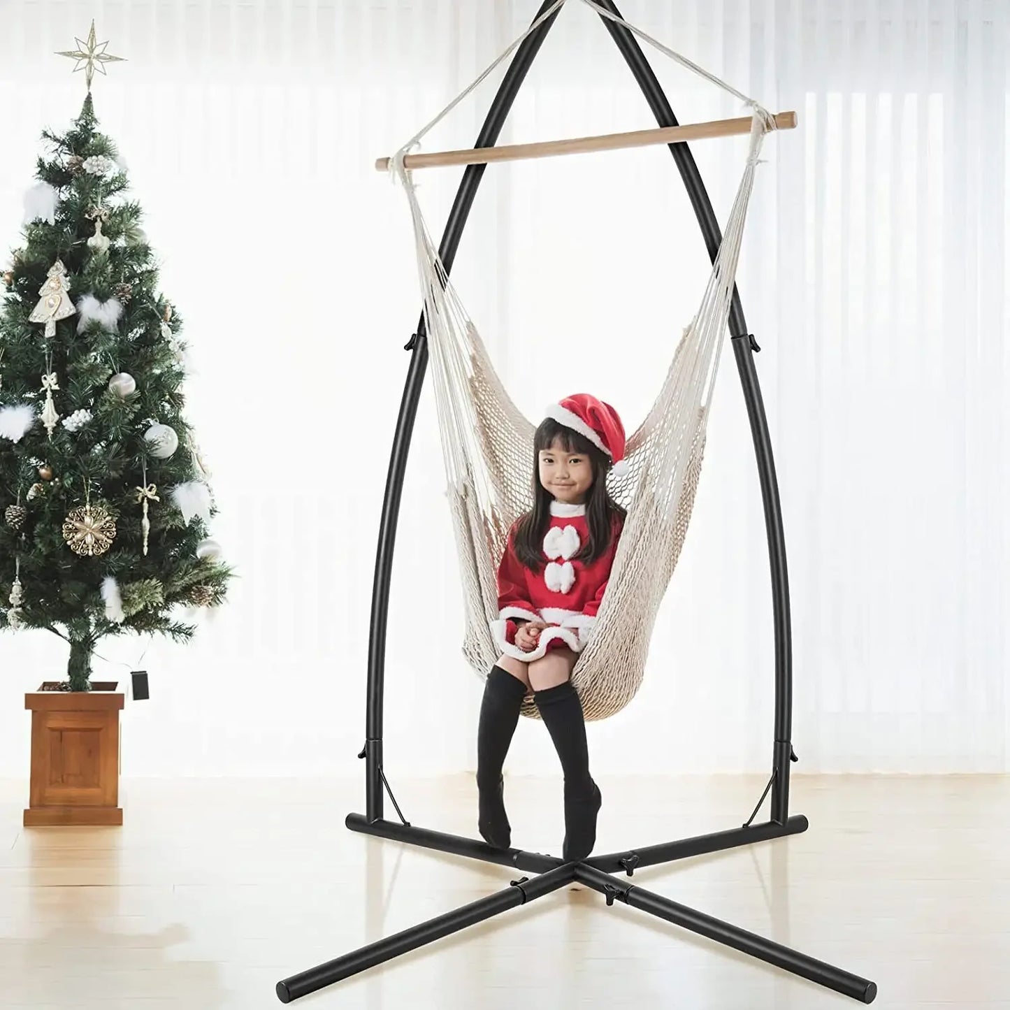 Hangstoel standaard - Hangmatstandaard - Hangmat Frame - Binnen en Buiten –  Verstelbare Hoogte tot 210cm – Stalen Frame met Haak voor Hangstoel of Schommel - Zwart