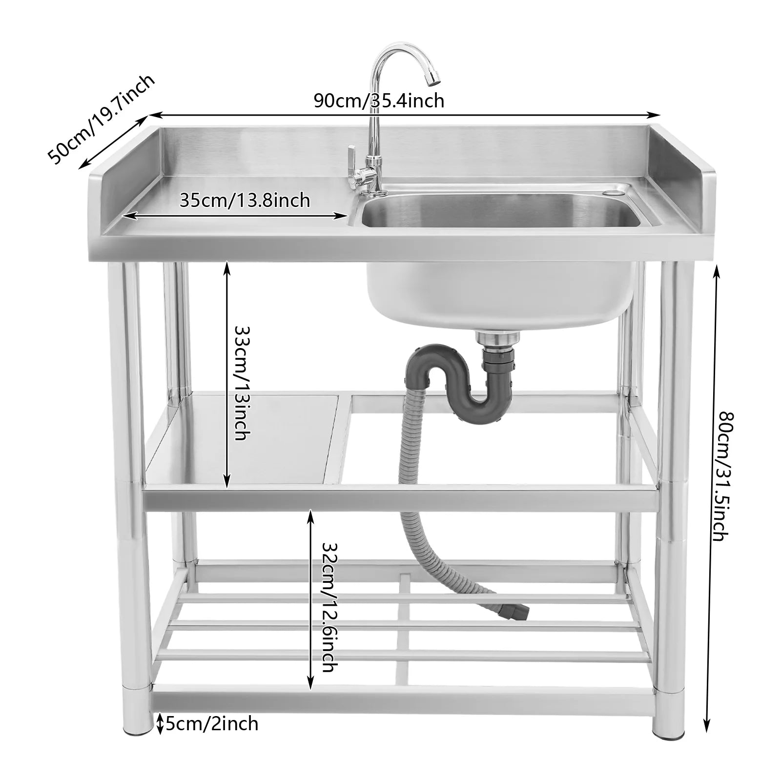 Roestvrijstalen spoelbak – Vaatwasser – Werkbak – Keukenspoelbak – Vrijstaande wasbak – 360° Draaibare Kraan – 90x50x80 cm duurzaam RVS - QUORE