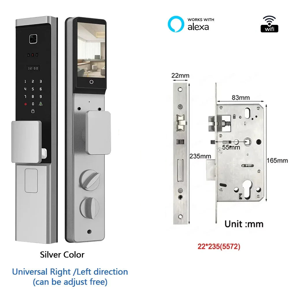 Slimme Deurslot – Elektronisch Slot – Digitale Deurvergrendeling – Toegangssysteem – Biometrisch Slot – 3D Gezichtsherkenning – IP65 Waterbestendig – 4,5-Inch LCD Display - Zilverkleur - 22x235 - 5572 insteek - QUORE