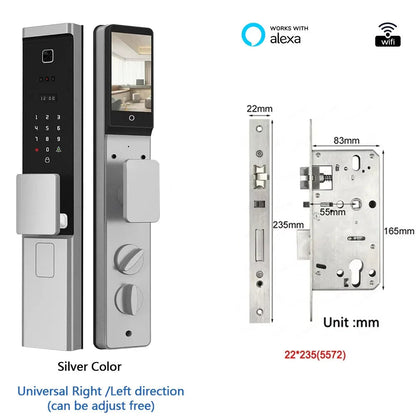 Slimme Deurslot – Elektronisch Slot – Digitale Deurvergrendeling – Toegangssysteem – Biometrisch Slot – 3D Gezichtsherkenning – IP65 Waterbestendig – 4,5-Inch LCD Display - Zilverkleur - 22x235 - 5572 insteek - QUORE