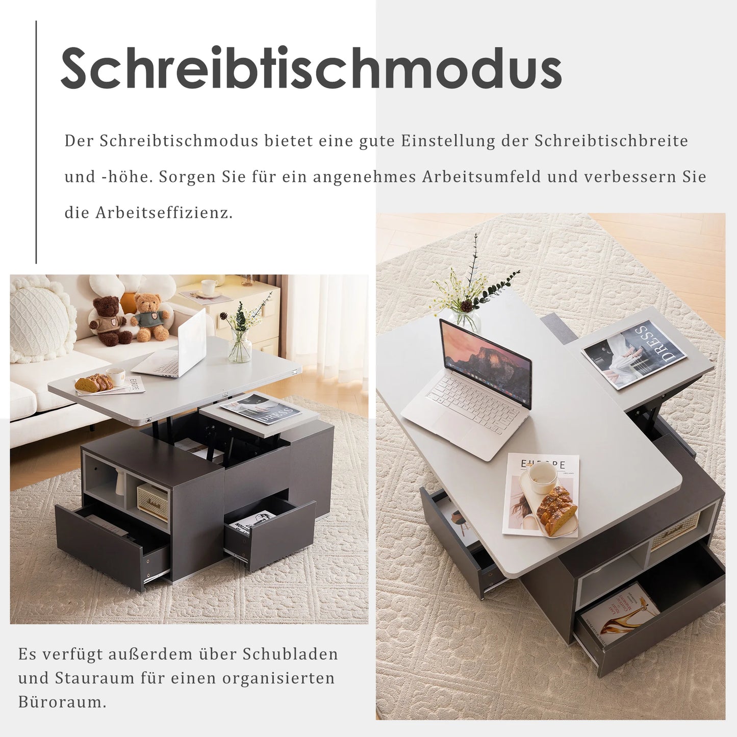 Multifunctionele Uitschuifbare Salontafel – Coffee Table – Woonkamertafel – Bijzettafel – Eettafel – Hoogteverstelbaar – Met 3 Lades en Open Opbergruimte