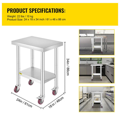 Keukentrolley - Serveerwagen - Keukeneiland - Kookeiland - Keuken Werktafel - Roestvrijstalen  Werktafel - 24 x 18 inch - Met Opslagrekken & Wielen