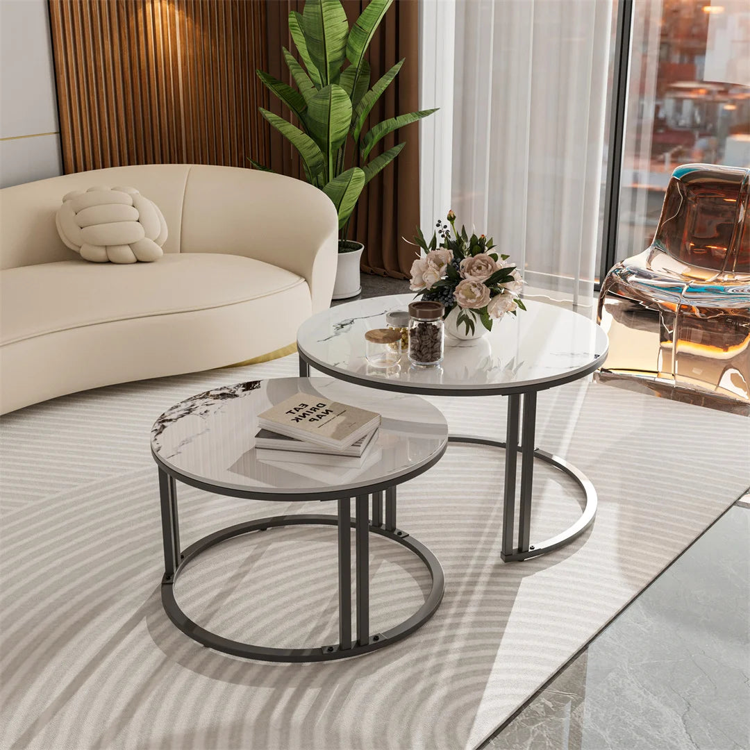 Ronde Salontafel Set – Woonkamer Tafel – Nesting Tafels – Bijzettafels – Koffietafels – Aluminium Frame – Gesinterd Steenblad Jadewit – Ruimtebesparend Design