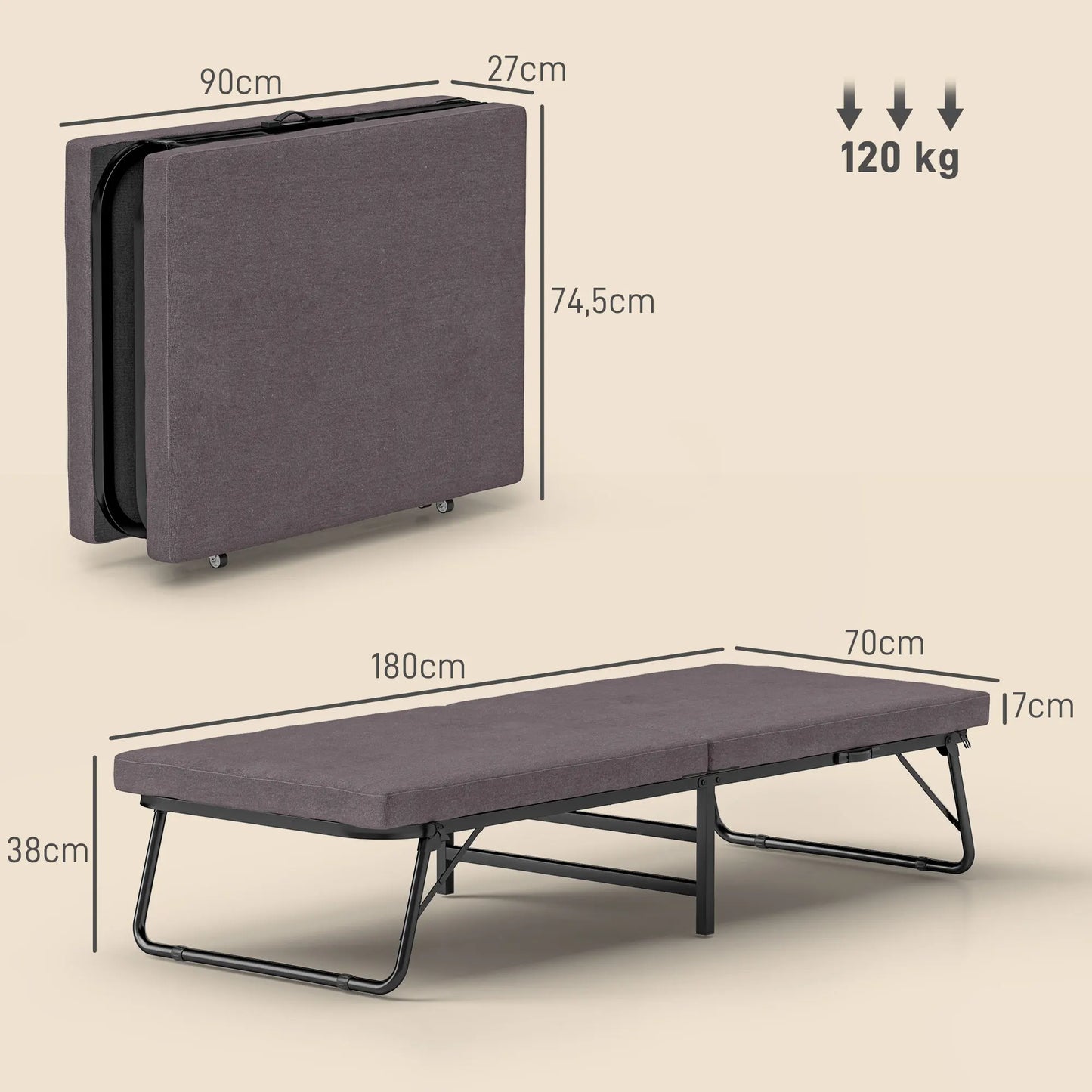 Opklapbed – Vouwbed – Logeerbed – Eenpersoonsbed – Slaapbed – Verstelbare Rugleuning – 7 cm Dik Comfortabel Matras - Donkergrijs