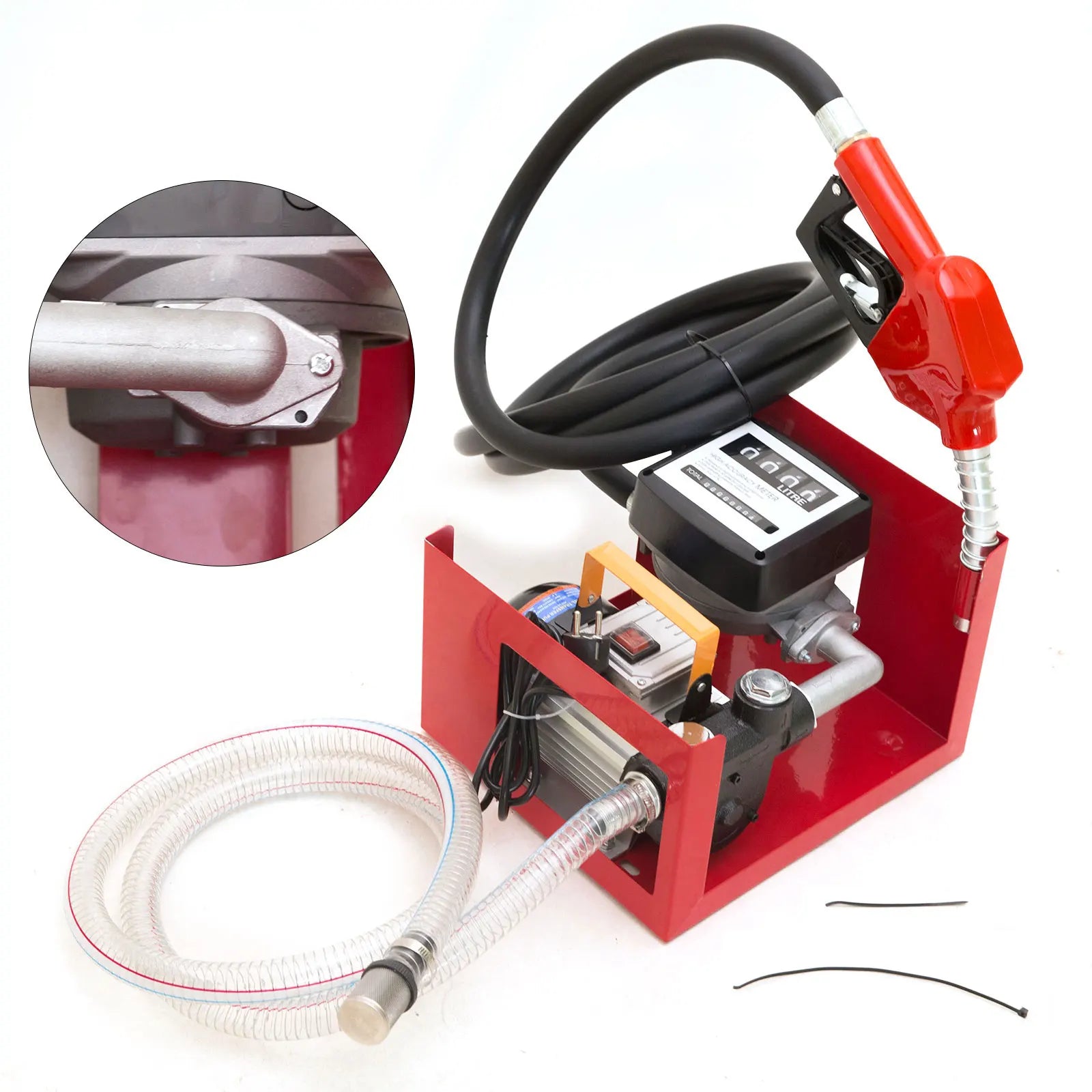 Dieselpomp - Brandstofpomp - Oliepomp - Vloeistofpomp - Automatische - Diesel Transferpomp - 220V - Zelfaanzuigende Oliepomp met Nozzle & Slang – 60L/min – Rood - QUORE