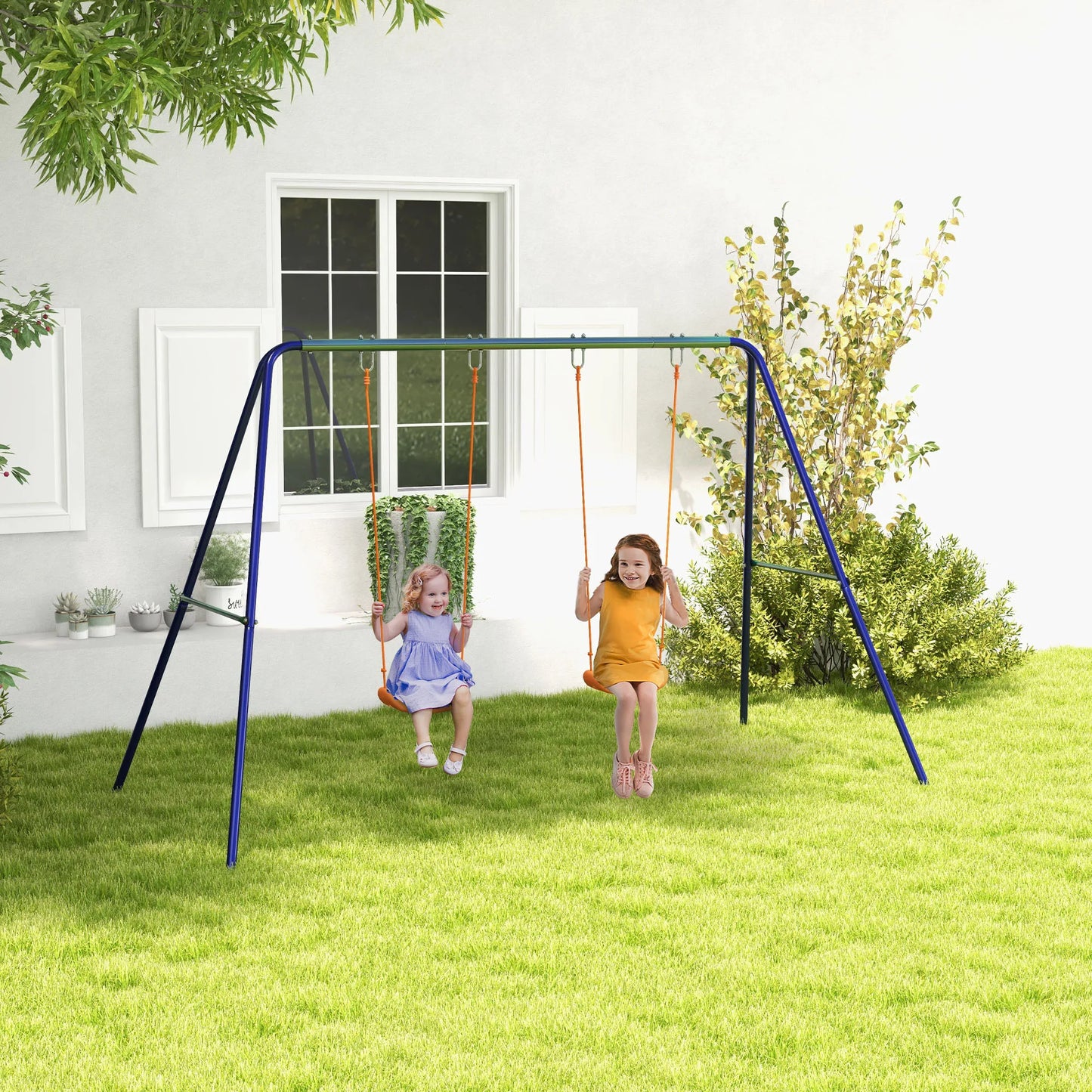 Kinderschommel - Outdoor Schommel - Buitenschommel - Schommel - met 2 Zitjes - Tuinspeelgoed - Metalen A-Frame Schommel - Weerbestendig & UV-bestendig - Blauw