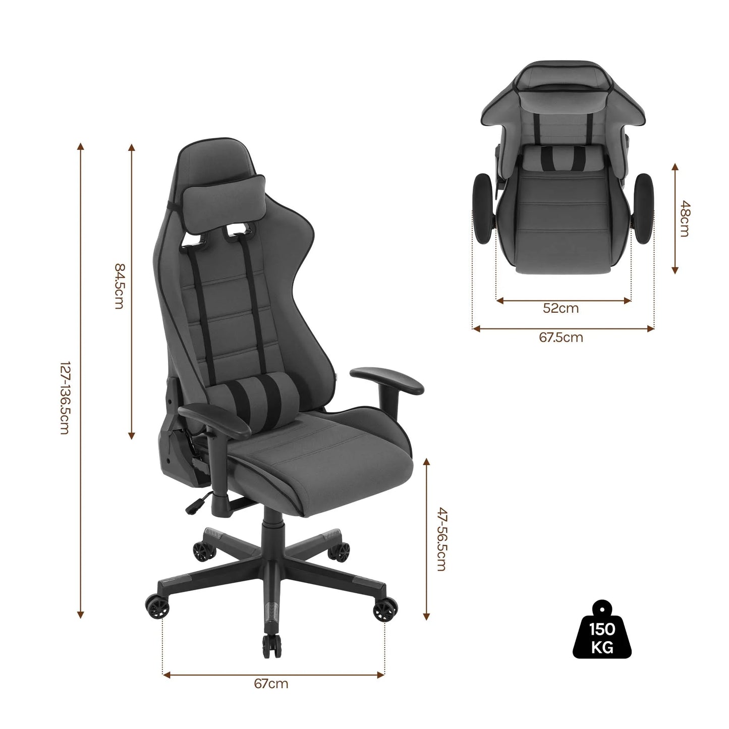 Gaming Stoel - Racing - Bureau - Ergonomische Mesh - Verstelbare - met Hoofdsteun - Nekkussen - Lendensteun - 135° Kantelfunctie - Ademend Textiel – Tot 150 kg - Zwart en Grijs