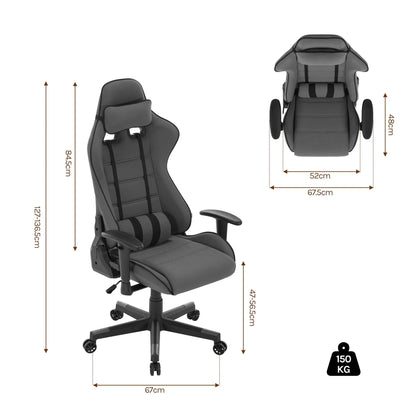 Gaming Stoel - Racing - Bureau - Ergonomische Mesh - Verstelbare - met Hoofdsteun - Nekkussen - Lendensteun - 135° Kantelfunctie - Ademend Textiel – Tot 150 kg - Zwart en Grijs
