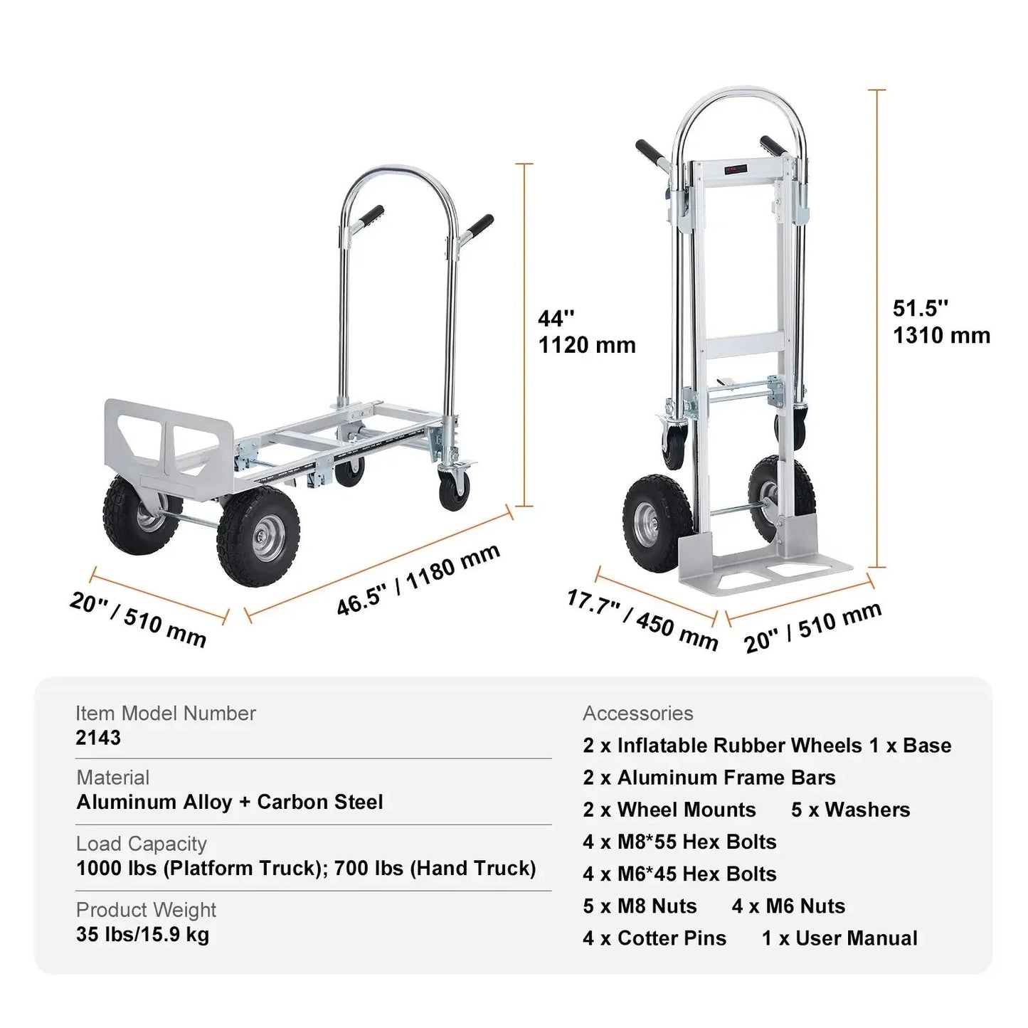 Steekwagen - Steekkar - Steekwagen Opvouwbaar - Transportkar - Transportwagen - Aluminium - Zware - Vouwbare Kar - voor Magazijn en Supermarkt - 1000lbs - Zilver