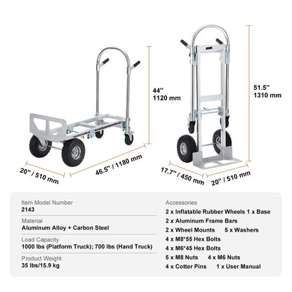 Steekwagen - Steekkar - Steekwagen Opvouwbaar - Transportkar - Transportwagen - Aluminium - Zware - Vouwbare Kar - voor Magazijn en Supermarkt - 1000lbs - Zilver