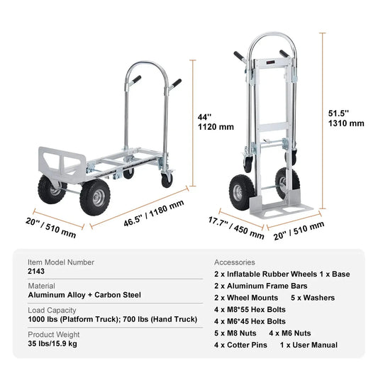 Steekwagen - Steekkar - Steekwagen Opvouwbaar - Transportkar - Transportwagen - Aluminium - Zware - Vouwbare Kar - voor Magazijn en Supermarkt - 1000lbs - Zilver
