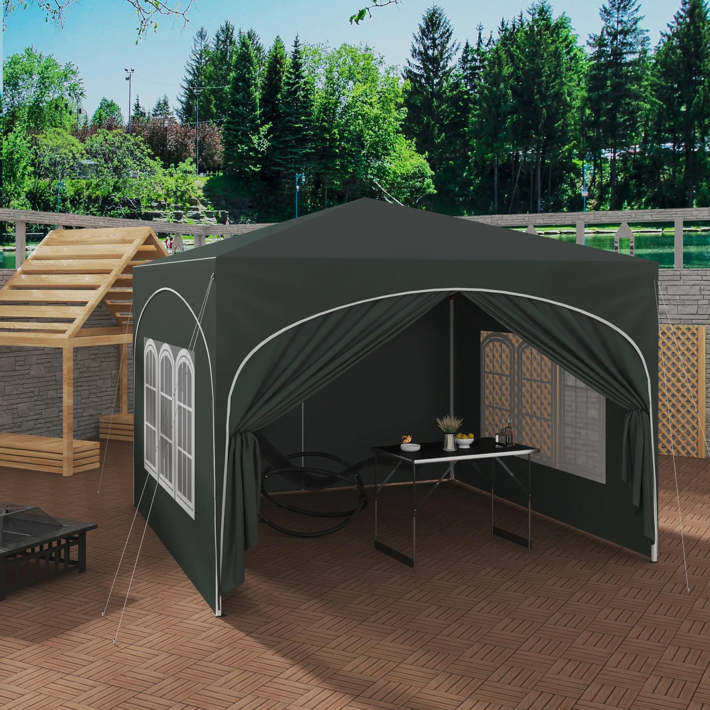 Party Tent - Opvouwbare - Tuinpaviljoen - 3x3m - Waterdichte - Verstelbare Hoogte - Gazebo - 4 Afneembare Zijpanelen - met Vensters - UV-Bestendig - Waterdichte - voor Camping - en Picknick - Groen - QUORE
