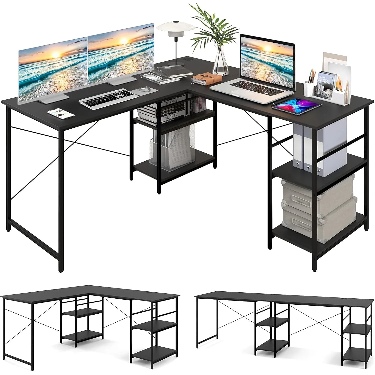 L-vormig Bureau – Computerbureau – Werkplek – Gametafel – Thuiswerkplek – Verstelbare Planken – Robuust Stalen Frame – Zwart Houten Blad - QUORE
