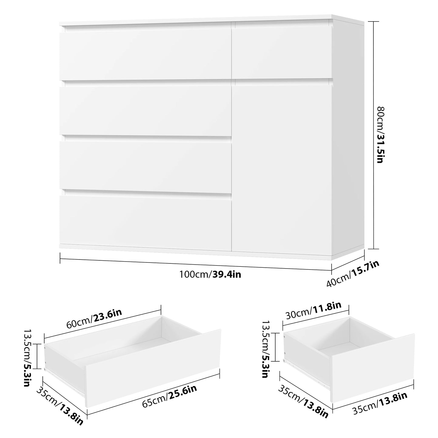 Ladekast – Dressoir – Opbergkast – Bergkast – Kast – Hoog Model – 5 Laden + 1 Deur – Mat Wit Met Zwarte Accenten – 100x80x40 cm – Veel Opbergruimte - QUORE