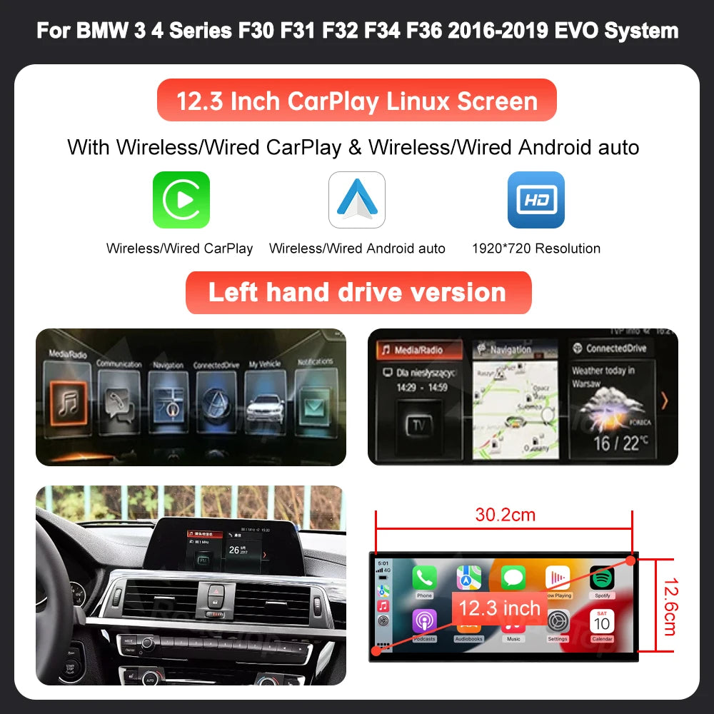 12,3 Inch Multimedia Scherm – Touchscreen Display – Navigatiesysteem – Autoinfotainment – Draadloos CarPlay Android Auto – Hoge Resolutie 1920x720 – Geschikt Voor BMW NBT EVO F20-F36
