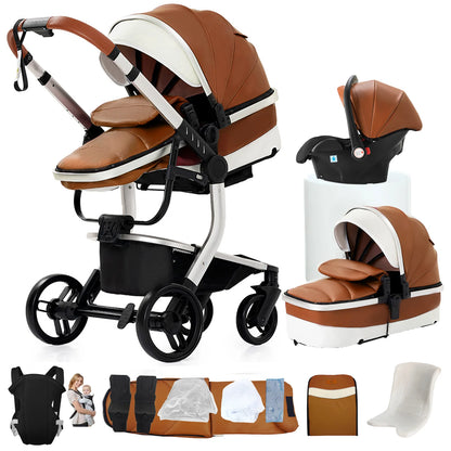3 in 1 Baby Stroller with Leather Handle High Landscape Foldable Lightweight Pushchair Reclining Seat for Newborn to Toddler