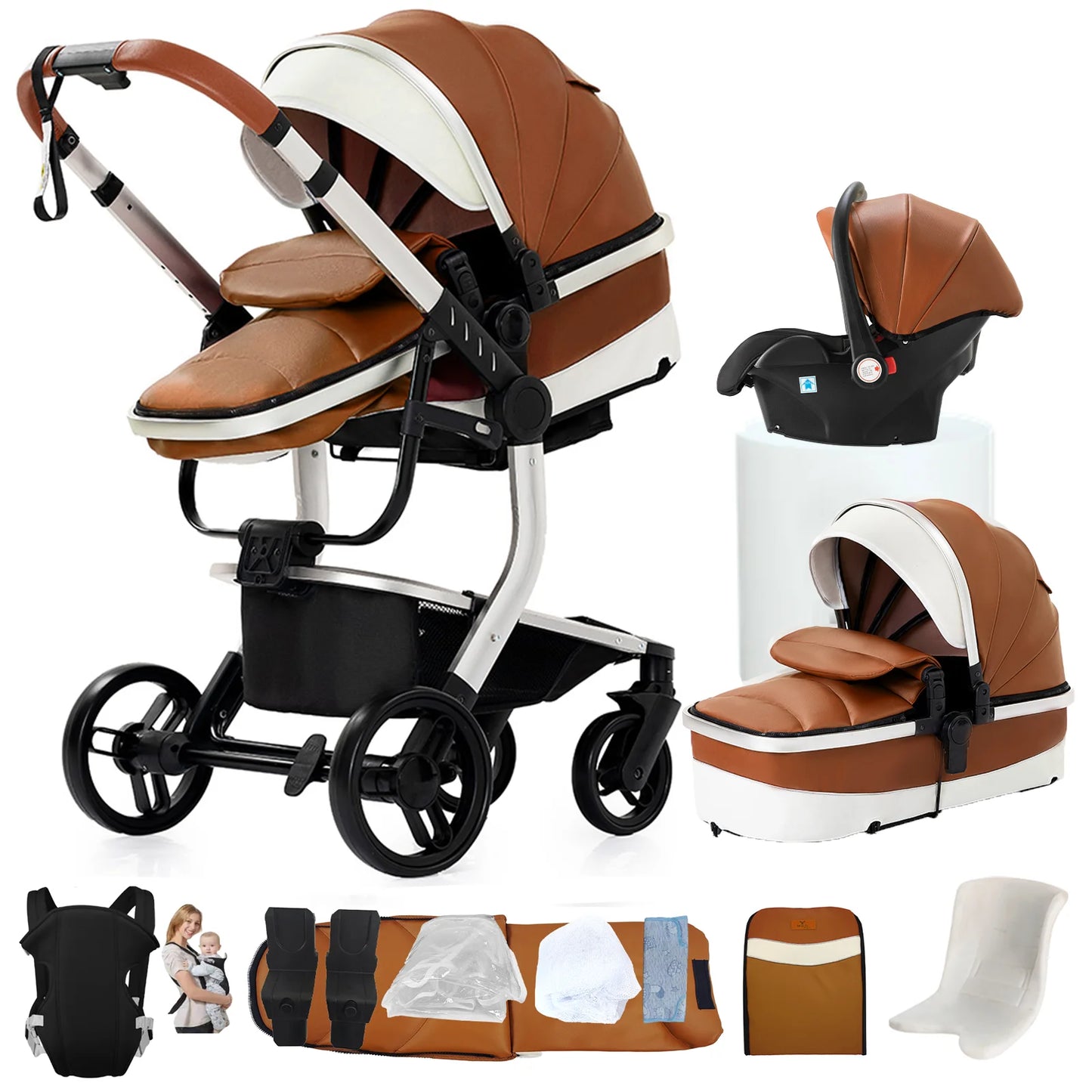 3 in 1 Baby Stroller with Leather Handle High Landscape Foldable Lightweight Pushchair Reclining Seat for Newborn to Toddler