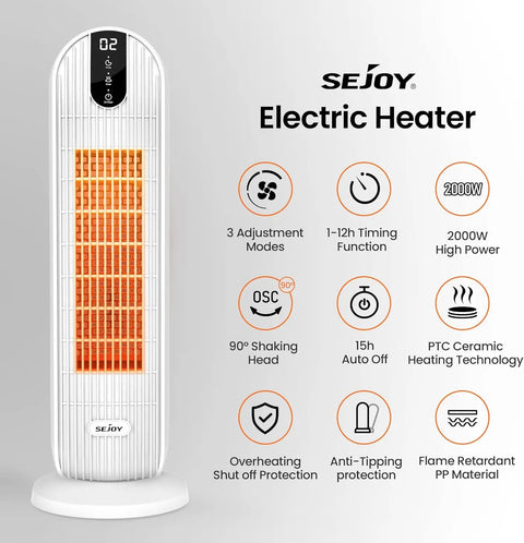 Sejoy - Heater - Electric heater - Silent electric heater - 3 positions 90° oscillating - Overheating protection - Tilt protection - White