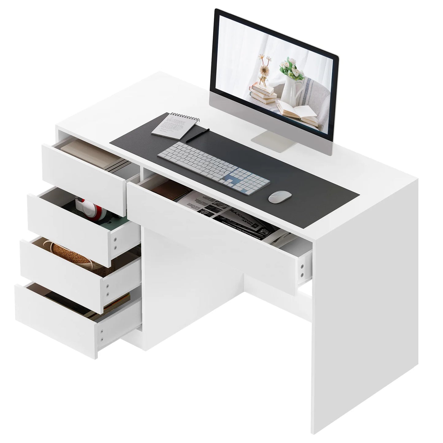 Computertafel - Bureau – Computerbureau – Studietafel – Make-Up Tafel – Hobbytafel – 5 Laden – Waterafstotend Hout - 120 x 55 x 75.4 cm - Wit - QUORE