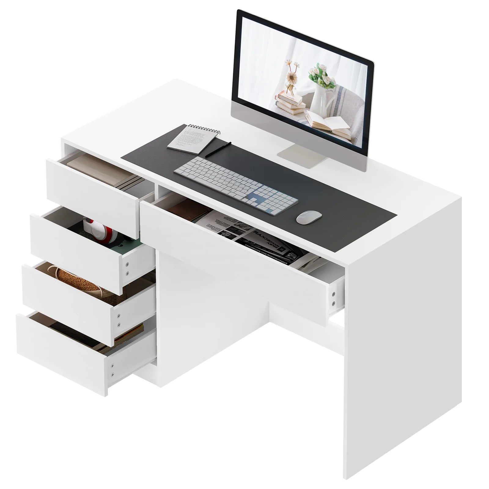 Computertafel - Bureau – Computerbureau – Studietafel – Make-Up Tafel – Hobbytafel – 5 Laden – Waterafstotend Hout - 120 x 55 x 75.4 cm - Wit - QUORE