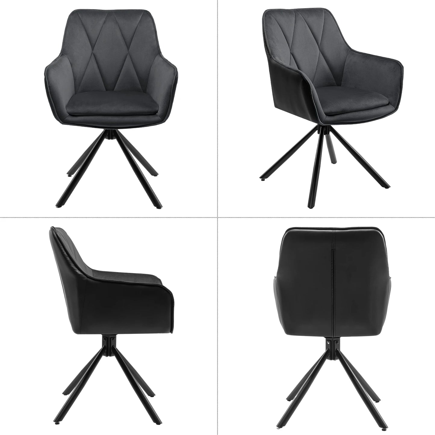 Eetkamerstoelen - Eetstoelen - Keukenstoelen - 2 Stuks - Ergonomische Scandinavische Stijl - met Rugleuning - Voor Keuken - Eetgedeelte - Kunstleer Zitje - Metalen Draaibare Poten - 57.5 x 85.5 x 58.5 cm - Donkergrijs