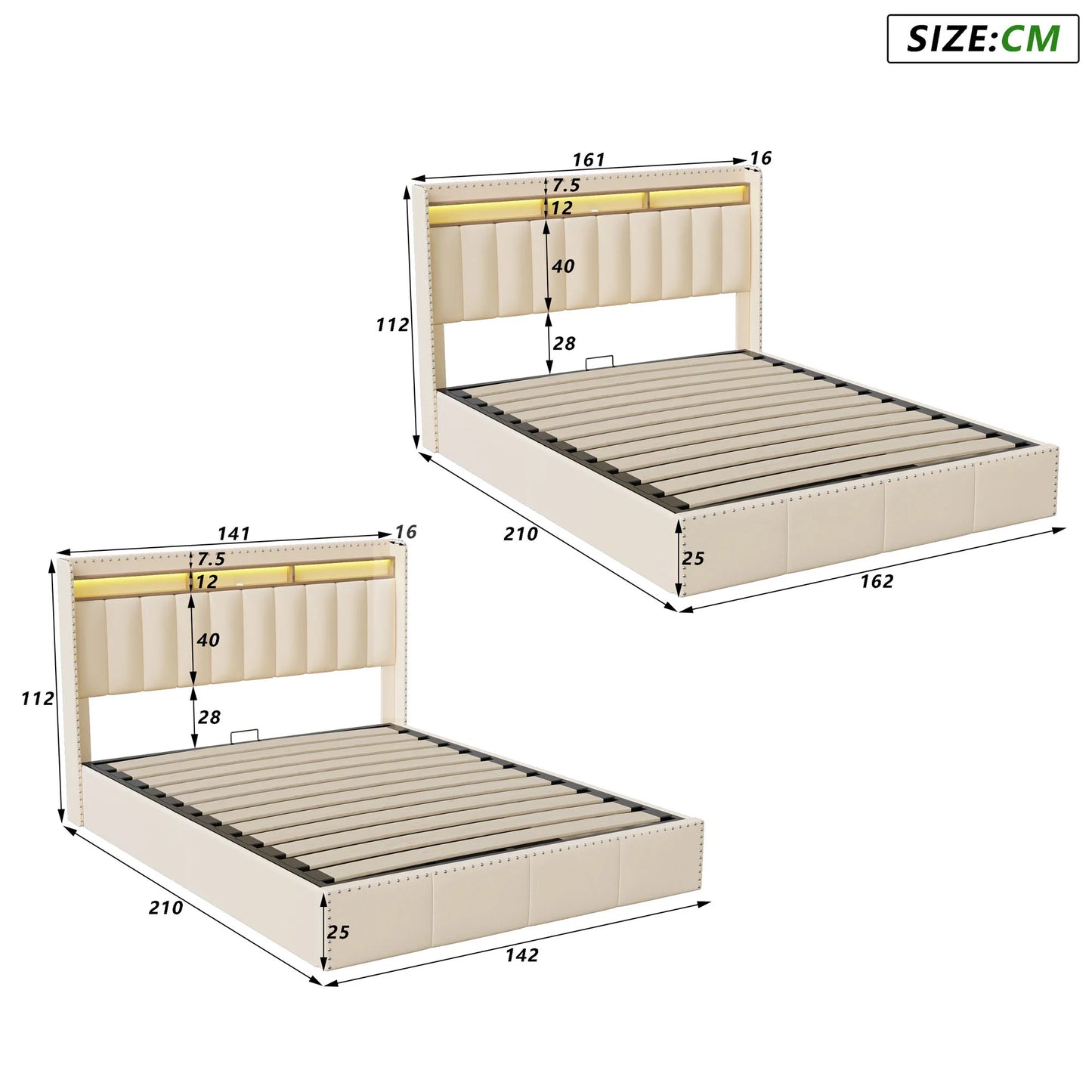 Opbergbed – Opbergboxspring – Gestoffeerd Bed – Bed Met Lade – Velvet Hoofdbord – LED Verlichting – USB Poorten - 160 x 200 cm - Beige