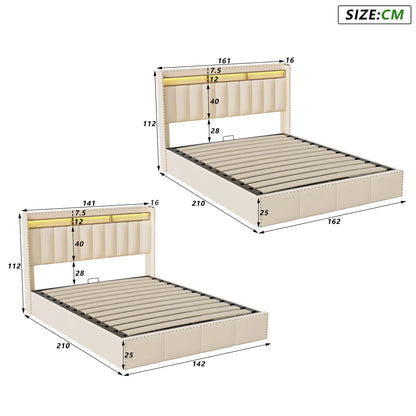 Opbergbed – Opbergboxspring – Gestoffeerd Bed – Bed Met Lade – Velvet Hoofdbord – LED Verlichting – USB Poorten - 160 x 200 cm - Beige