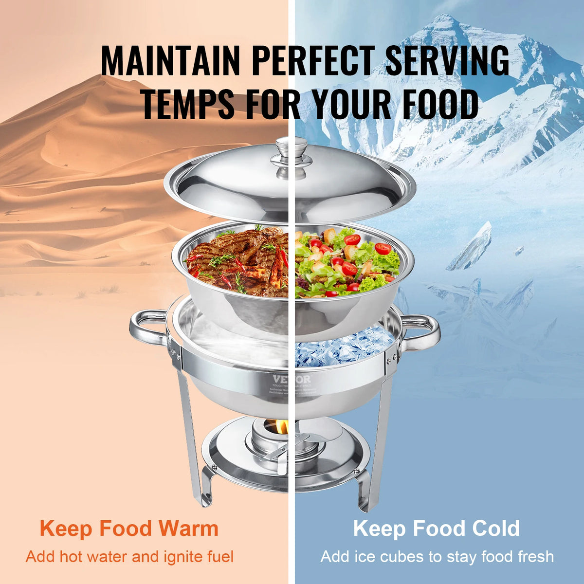 Vevor - Ronde Chafing Dish Buffetset - roestvrijstalen buffetset - voedselverwarmer voor catering, buffet en feest - QUORE