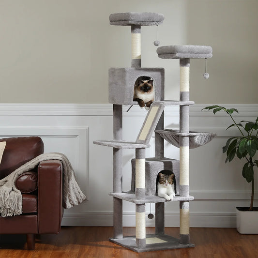 Kattenboom - voor Grote Binnenkatten – Krabpaal - Hoog Kattenmeubel - met Natuurlijke Sisal Krabpalen - Extra Grote Hangmat - 2 Kattenhuisjes - Meerdere Verdiepingen – Arbre a Chat - 180cm - Grijs