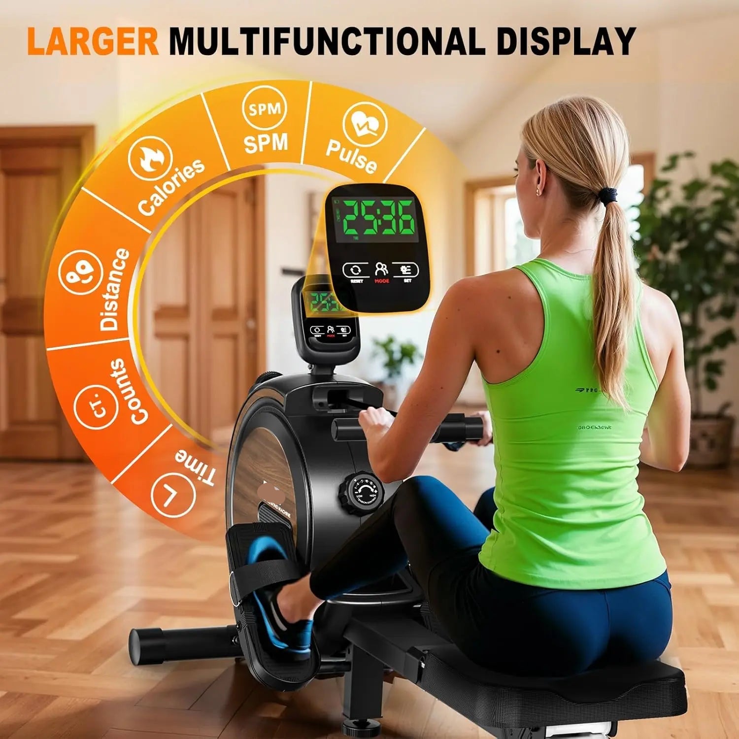 Roeitrainer – Roeimachine – Fitnessapparaat – Home Trainer – Cardio Trainer – 16 Niveaus Magnetische Weerstand – Ondersteunt Tot 150 Kg - Groen - QUORE