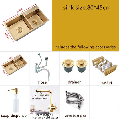 Dubbele spoelbak – RVS spoelbak – Keukenspoelbak – Inbouw spoelbak – Gouden spoelbak – 80x45 cm – Goudkleurig 304 roestvrij staal – Inclusief mandje en zeepdispenser
