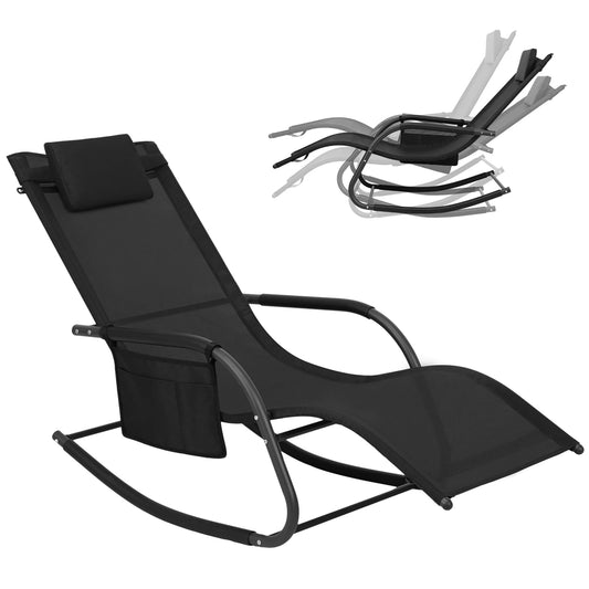 Tuinligstoel - Ligstoel - Outdoor Loungestoel - Schommelstoel - Campingstoel - Inklapbaar - Zonnebed - met Zijvak - en Hoofdkussen - 152x83x62cm -voor Balkon - Tuin - Terras - Strand - Zwembad - Zwart