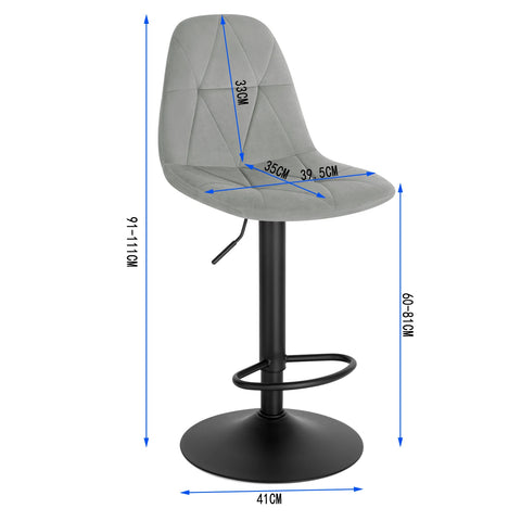 Barkrukken - Set van 2 Ergonomische Barstoelen – Fluweelen Zitten met Rugleuning – Verstelbare Hoogte (60-81 cm) – 360° Draaibaar – Stabiele Basis – Lichtgrijs