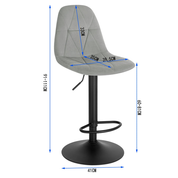 Barkrukken - Set van 2 Ergonomische Barstoelen – Fluweelen Zitten met Rugleuning – Verstelbare Hoogte (60-81 cm) – 360° Draaibaar – Stabiele Basis – Lichtgrijs